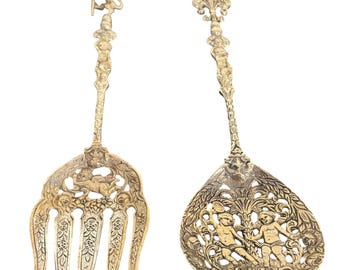 Vintage italienische Messing Salat Servier Set | Cherub Löwe Fleur-de-Lis verziert | 2tlg