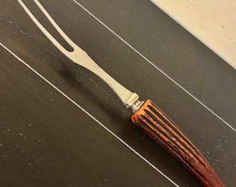 Vintage Stainless USA Meat Serving Fork Faux Stag Horn Antler Handle 10.5 Inch