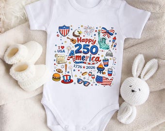 Happy 250 Baby Bodysuit, 1776-2026 USA 250th Anniversary Shirt, Kids Doodle Patriotic USA Tee, Freedom Baby Shirt, Independence Day Newborn