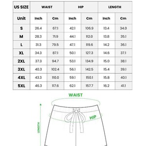 May include: A size chart for all-over print satin short-sleeve pajama shorts, showing waist, hip, and length measurements in inches and cm for sizes S to 5XL. A diagram illustrates the waist, hip, and length of the shorts. Measurements may vary by 1-3cm.
