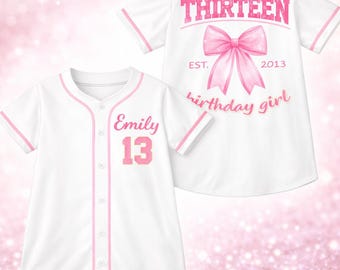 Custom Pink Bow Thirteenth Birthday Shirt, Coquette Pink Style Girls Birthday Party Tee, 13 Year Old Birthday Gift Girl Baseball Jersey