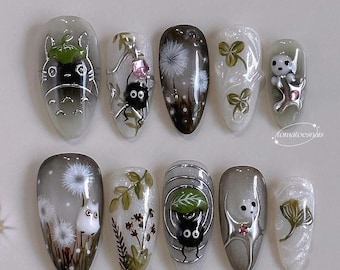 Totoro Press On Nails, Studio Ghibli Inspired Fake Nails, Forest Nature Anime Nail Art, Handmade Cute Nail Set