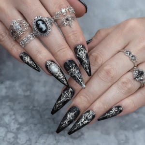 Gothic Black Silver Press On Nails | Victorian Baroque Stiletto Nails | Dark Elegant Fake Nails | Witchy Statement Nail Set