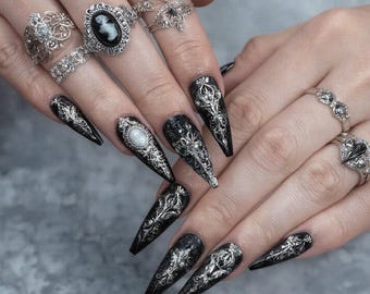 Gothic Black Silver Press On Nails | Victorian Baroque Stiletto Nails | Dark Elegant Fake Nails | Witchy Statement Nail Set