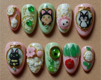 Kawaii Cat Press On Nails | Handmade 3D Animal Nail Art | Cute Pink Green Strawberry & Floral False Nails | Unique Gift for Her
