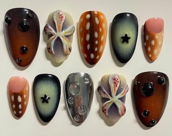 Mushroom Press On Nails, Forest Nature Fake Nails, Star Night Sky Nails, Cottagecore Handmade Nail Art