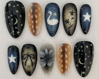 Uñas postizas de luna y estrellas, uñas postizas de cielo nocturno, uñas de galaxia celestial, uñas hechas a mano de constelación de cisne