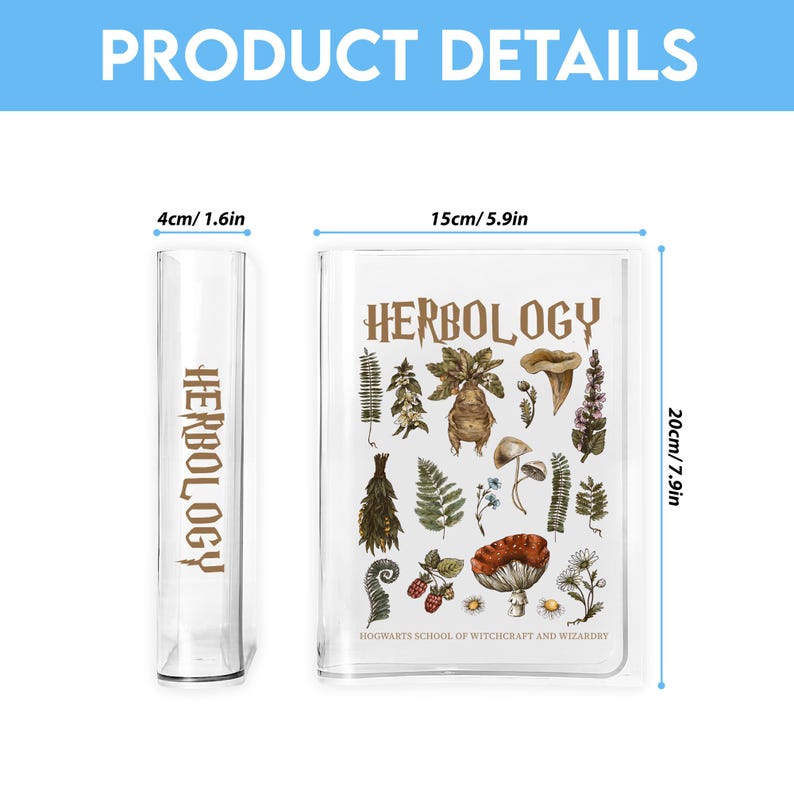 May include: A clear glass tube and a clear rectangular notebook. The notebook cover features the word "HERBOLOGY" in gold lettering, along with botanical illustrations. The notebook measures 15cm x 20cm (5.9in x 7.9in).