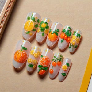 Fresh Citrus Nail Art, Orange Fruit Press On Nails, Summer Lemon Nail Design, Hand Painted Fake Nails, Colorful Fruit Nail Set