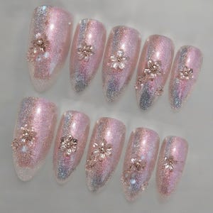 Pink Glitter Press On Nails with Rhinestone Flowers | Sparkly Wedding Nails | Glam Bridal Nails | Handmade Long False Nails
