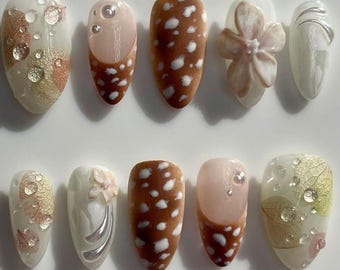 Woodland Deer Press On Nails, Nature Fake Nails with Spots, Neutral Forest Nails, Handmade Earthy Long Nails