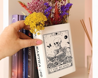 The Reader Book Vase, Gothic Skeleton Reading Decor, Dark Academia Home Vase, Witchy Book Lover Gift, Moonlit Tarot Inspired Vase