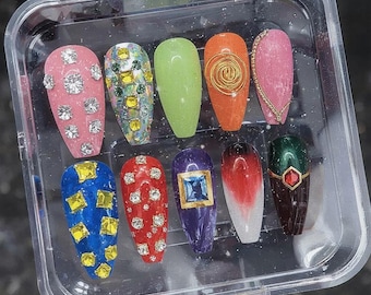 Rhinestone Press On Nails, Colorful Gem Fake Nails, Luxury Sparkle Nail Art, Handmade Glitter Statement Press Ons Set