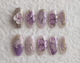3D Flower Press On Nails, Purple Gold Floral Fake Nails, Elegant Handmade Romantic Nail Art Set