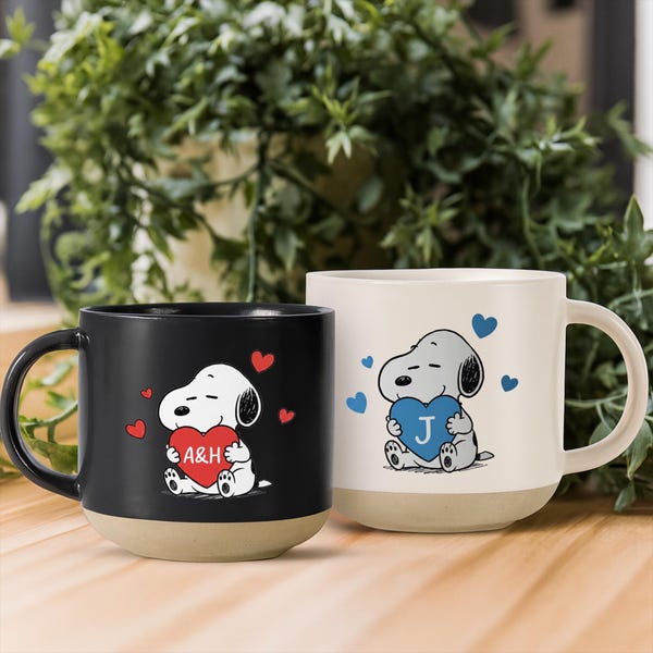 Personalized Snoopy Initial Heart Mug, Gift For Her, Valentines Day For Him