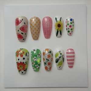 Handmade Floral Press On Nails – Colorful Daisy, Sunflower & Garden Designs | Spring Summer Reusable Fake Nails | Gift for Her