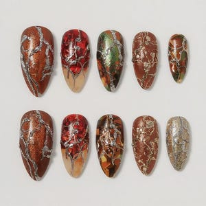 Autumn Marble Press On Nails, Brown Red Gold Glitter Nails, Handmade Fall Nail Art, Luxury Acrylic False Nails, Thanksgiving Nail Set