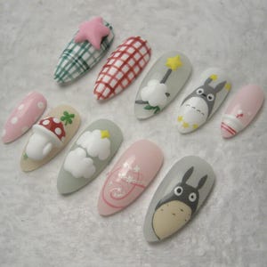 Inspired My Neighbor Totoro Press On Nails | Cute Ghibli Nail Art Set | Hand-Painted Totoro Nails | Anime Nail