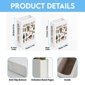 May include: Two white ceramic book-shaped vases with the word "HERBOLOGY" and botanical illustrations. The larger vase is 8.1 inches tall and 5.1 inches wide. The smaller vase is 5.6 inches tall and 3.9 inches wide. The vases have an anti-slip bottom and imitation book pages.