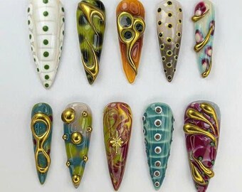 Abstract Press On Nails, Colorful Gold Accent Nails, Artistic Funky Nail Art, Handmade Unique Nail Set
