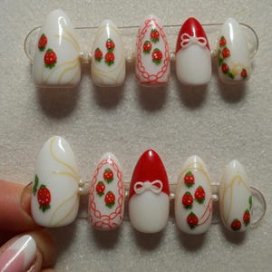 Strawberry 3D Press On Nails, Cute Summer Fruit Nail Art, Handmade Berries Nail Set, Sweet Red Green Gold Accent Nails