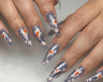 Ongles à presser fleurs de cerisier, clous de cercueil de fleur de Sakura, faux ongles printemps romantique, presse longues roses faites main