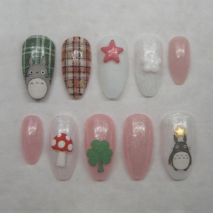 My Neighbor Totoro Press On Nails | Cute Ghibli Nail Art Set | Cute Kawaii Forest Friend Nail Art | Plaid & Mushroom Design