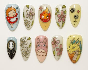Studio Ghibli Drücken Sie auf die Nägel | Handgefertigte Anime Nail Art Set | Totoro, Ponyo, Kein Gesicht, Haku Dragon, Calcifer | Süße wiederverwendbare Nägel