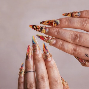 Colorful Abstract Press On Nails | Long Stiletto Handmade Nail Art | Vibrant Marble Swirl Fake Nails | Reusable Acrylic Nail Set