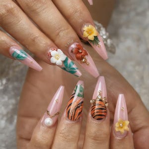 Tropical Flower Press On Nails | Handmade 3D Floral Almond Nails | Summer Jungle Tiger Stripe Nail Set | Glam Reusable Fake Nails