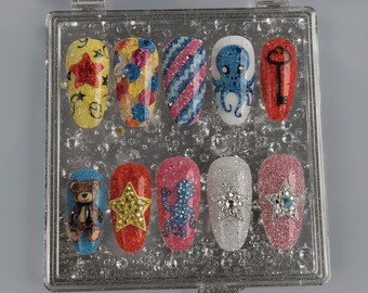 Handmade Glitter Press On Nails Set – Cute Teddy, Stars, Octopus & Fun Cartoon Designs | Colorful Reusable False Nail Art