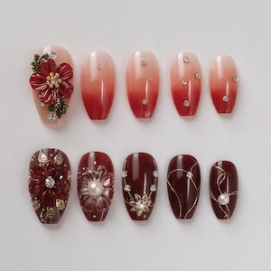 Luxury Red Floral Press On Nails, 3D Flower Nail Art with Rhinestones & Pearls, Elegant Wedding Nails, Handmade False Nail Set