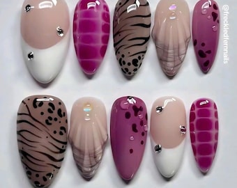 Rosa Leopardenmuster Drücken Sie auf die Nägel, Tierdruck Gefälschte Nägel, Trendiges Modernes Handgefertigtes Nagelkunstset