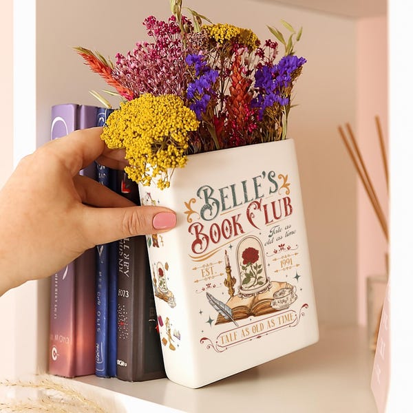 Jarrón con libros del Club de Lectura de Bella, regalo decorativo de La Bella y la Bestia, cuento tan antiguo como el tiempo, decoración del Café de Lectura de Bella, regalo para amantes de los libros, regalo para amantes de los libros.
