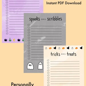 May include: Three Halloween-themed digital paper designs. The designs include lined pages with the phrases "notions and potions", "spooks and scribbles", and "tricks and treats". Each page has decorative elements like cauldrons, ghosts, and pumpkins.