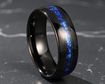 Anillo de galaxia azul para hombre, anillo de bodas de tungsteno negro, anillo de compromiso de 8 mm, anillo de promesa de aniversario, regalo personalizado para hombre