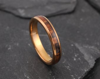 Rose Gold Koa Wood Tungsten Ring, 4mm Wedding Band, Women Men Ring, Unique Promise Ring, Wood Inlay Wedding Band, Anniversary Gift