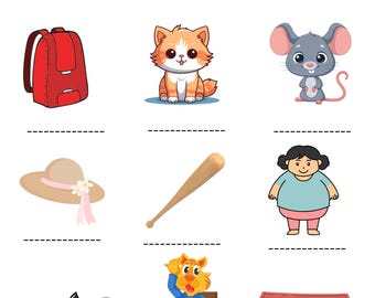 Può includere: Tabella didattica intitolata "Reading CVC Words Short A" con illustrazioni di uno zaino rosso, un gattino arancione, un topo grigio, un cappello da sole, una mazza da baseball in legno, una ragazza, un pipistrello, una tigre e un tappetino di benvenuto.