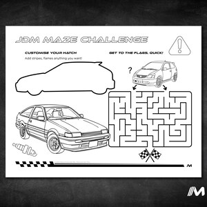 Peut inclure: Illustration en noir et blanc d'un défi de labyrinthe JDM. L'image comprend des contours de voitures, un labyrinthe et du texte qui dit "Personnalisez votre Hatch" et "Atteignez les drapeaux, vite !"