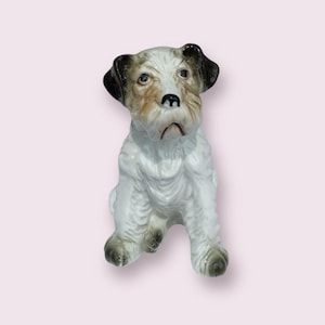 Vintage Porcelain Terrier Dog Figurine – Sitting Dog Collectible – Small Ceramic Pup – Mid-Century Animal Decor