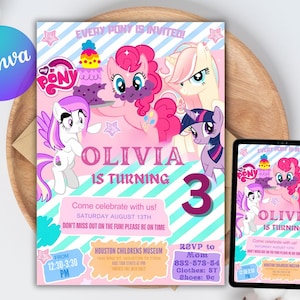 Bewerkbare Unicorn Pony verjaardagsuitnodiging voor meisjes, My Little Pony-uitnodiging, afdrukbare sjabloon voor kinderverjaardag