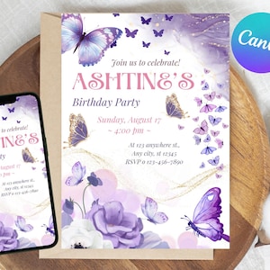 Editable Purple Butterfly Birthday Invitation, Butterfly Birthday Invitation, Butterfly Invitation, Purple Butterfly Theme Invitation.