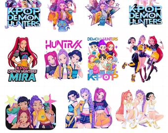 Huntrix Kpop Demon Hunters Png Bundle, Kpop Idol Group Png Design, Girl Dinner Png, Saja Boys Girls Bands Png, Huntrix Fans, Sublimation