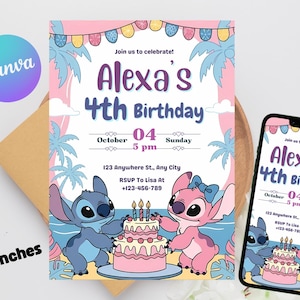 Stitch And Angel Birthday Invitation, Digital Party Invite, Editable Birthday Invitation, Stitch Birthday Party Printable, Instant Download