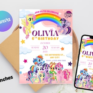 Bewerkbare Unicorn Pony verjaardagsuitnodiging voor meisjes, kinderverjaardagsuitnodiging, My Little Pony-uitnodiging, direct downloaden.