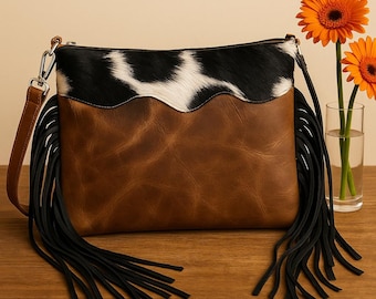 Bolso bandolera de piel de vaca con flecos, hecho a mano: bolso de estilo western con pelo.