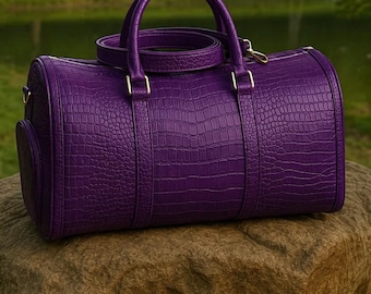 Handmade Black Crocodile Embossed Leather Duffel Bag: Luxury Travel Gym Bag