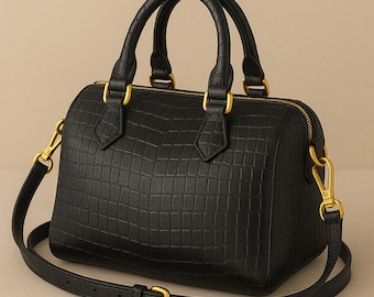 Handmade Crocodile-Embossed Leather Handbag with Gold Hardware – Luxury Structured Satchel
