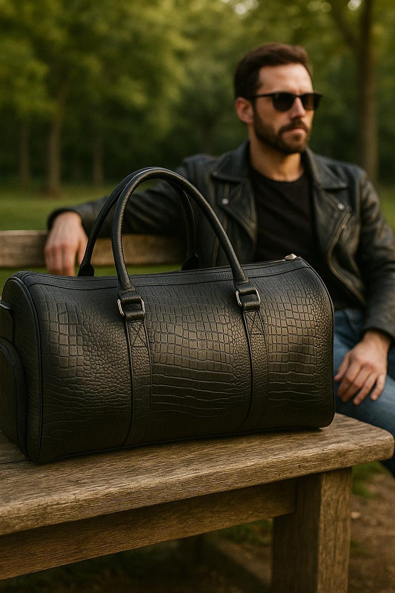 May include: A black duffel bag with a textured crocodile skin pattern, featuring two sturdy top handles, silver-toned metal hardware, and a cylindrical shape. The bag is constructed with reinforced stitching at the handle attachments.
