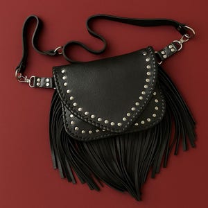 Black Leather Fringe Crossbody Bag with Silver Studs – Western Boho Style